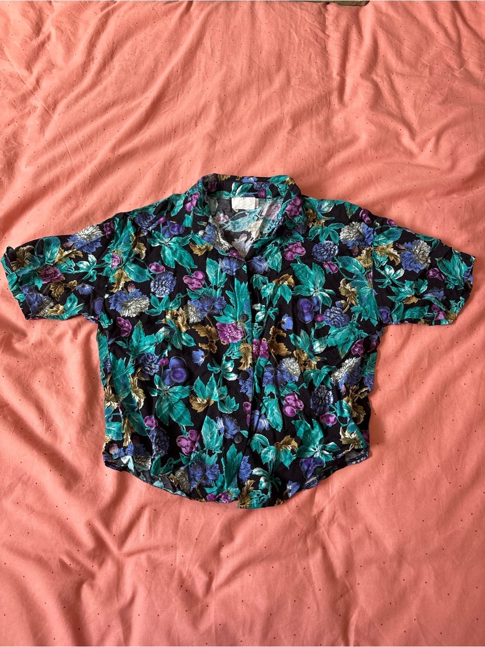 Vintage women’s Floral Button-Up Shirt - Black & Teal